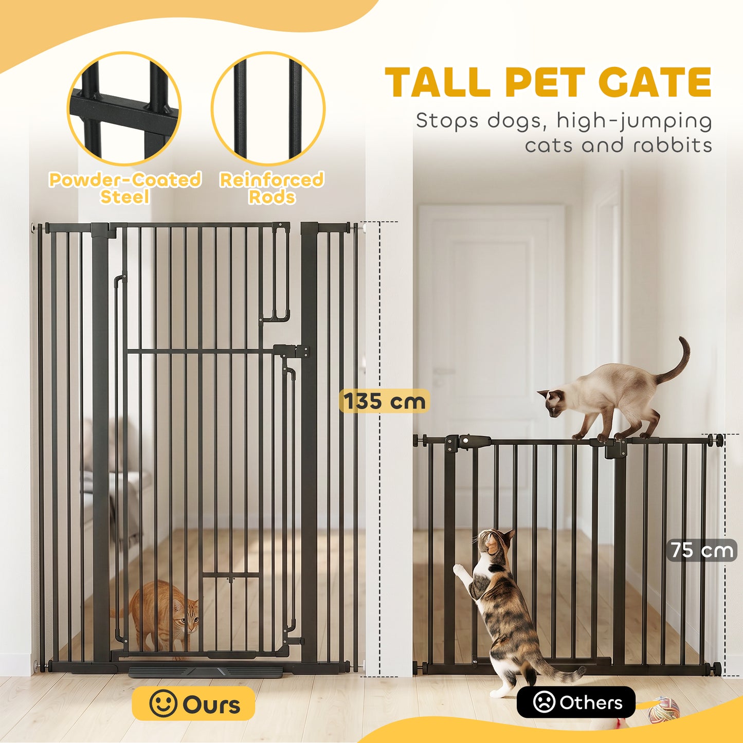 135cm Extra Tall Dog Gate with Cat Door, Fits Openings 81-108 cm Pressure Mounted for Doorways, Hallways, No Drilling