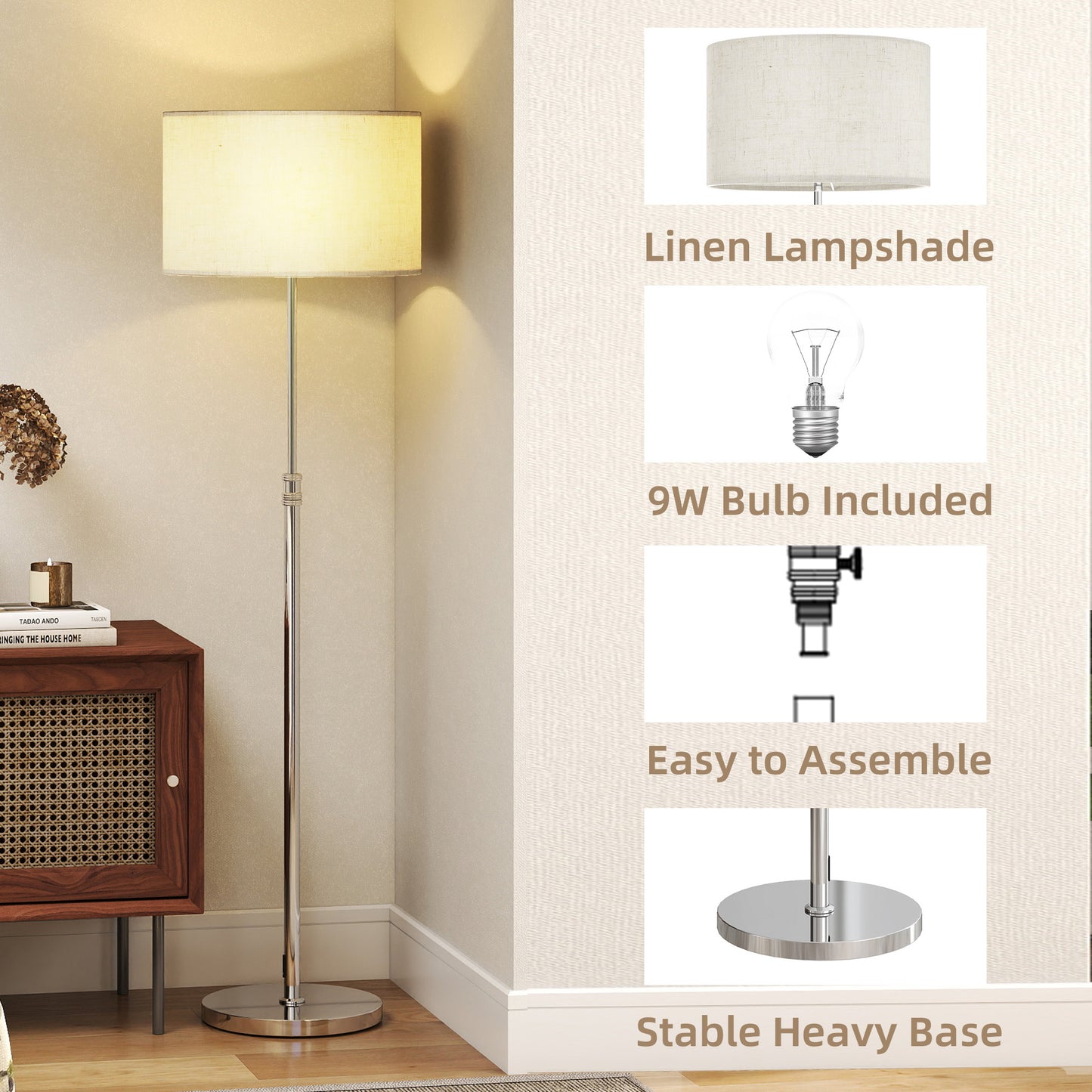 Floor Lamp with Remote, Height Adjustable Standing Lamp with Linen Shade