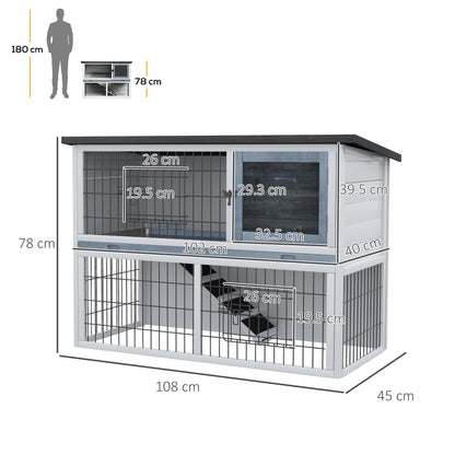 2-Tier Wooden Rabbit Hutch Guinea Pig House Bunny Cage Backyard w/ Openable Roof Small Animal House for Outdoor Grey