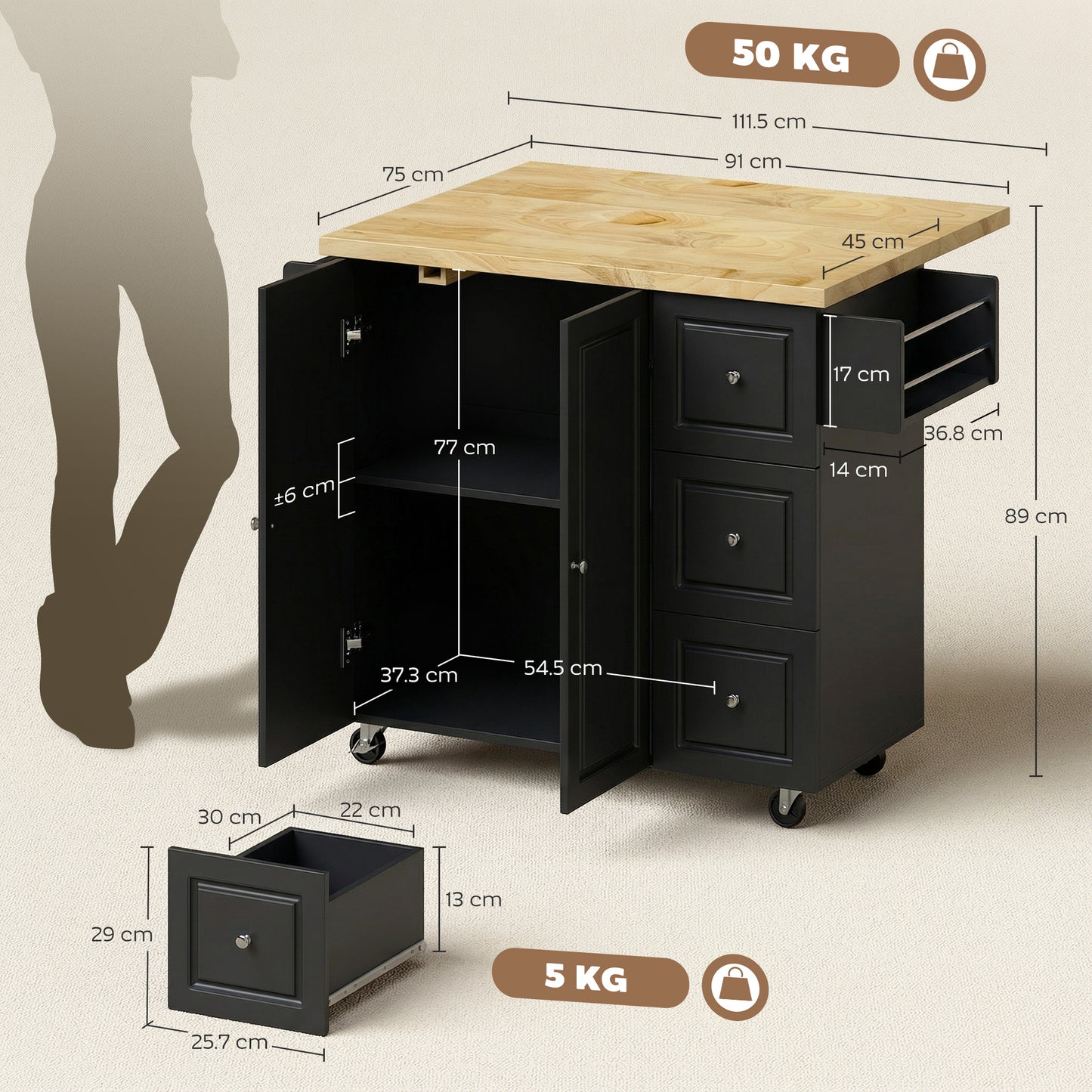 Kitchen Island on Wheels, Rolling Kitchen Storage Trolley with Drop Leaf, Drawers, Towel and Spice Rack, Black