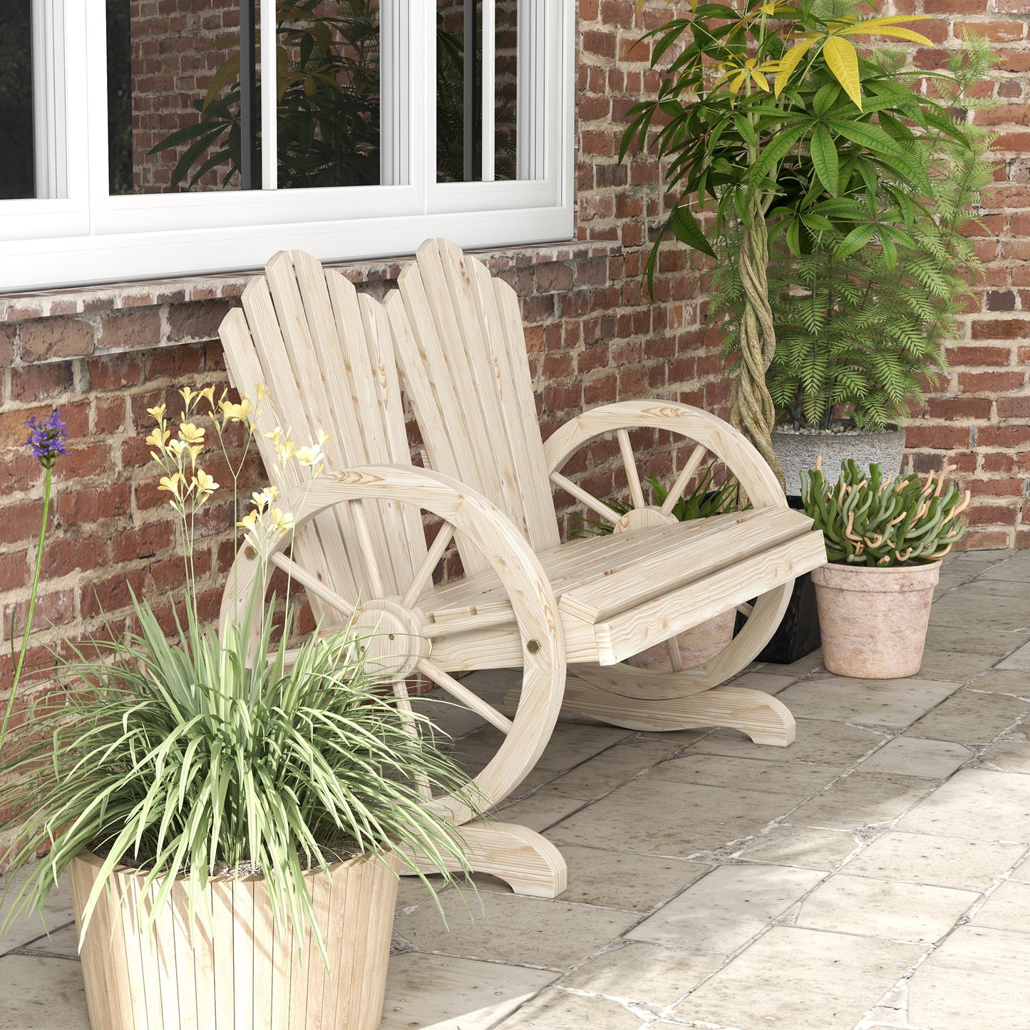 Fir Wood Love Seats with Wheel-Shaped Armrests, Large Load-Bearing Chair, Natural Wood Finish
