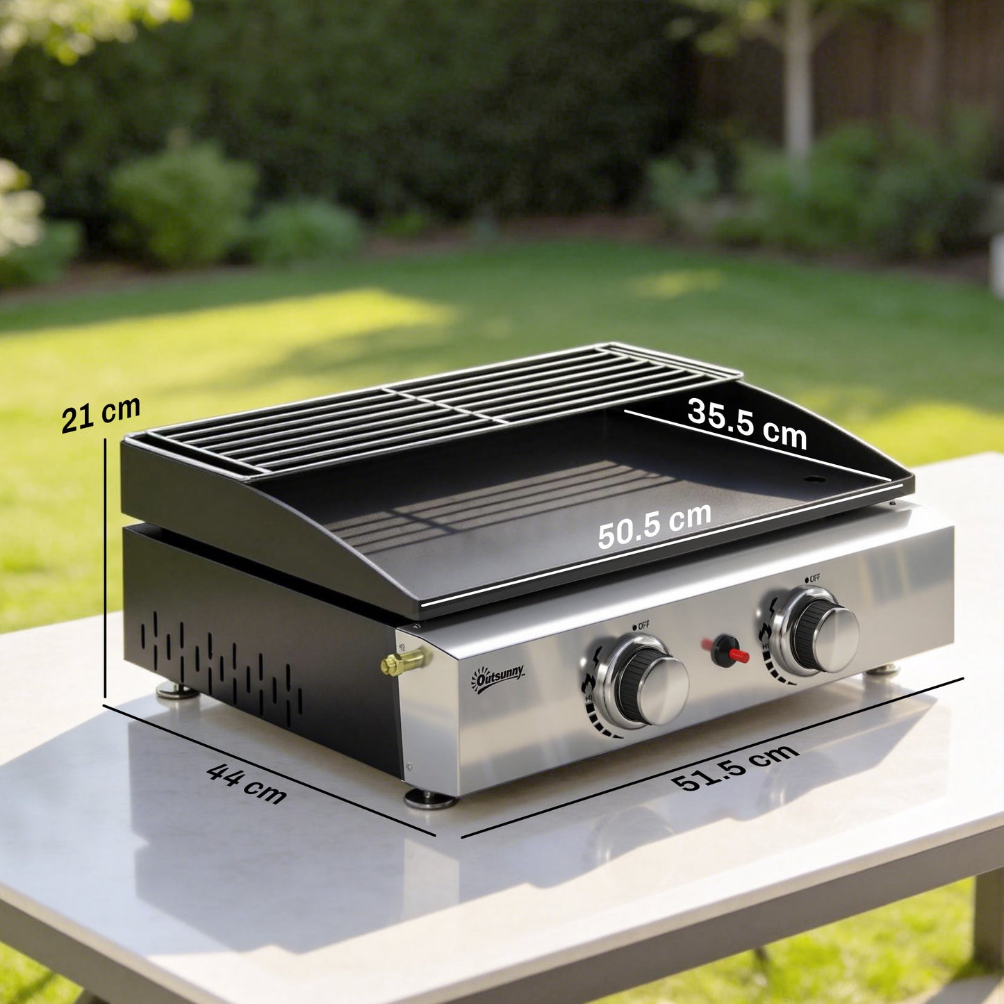 2 Burner Grill Griddle, Portable Gas Plancha with Warming Rack, 5 kW, Tabletop Gas BBQ with Grease Cup, Black