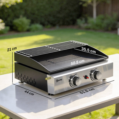 2 Burner Grill Griddle, Portable Gas Plancha with Warming Rack, 5 kW, Tabletop Gas BBQ with Grease Cup, Black
