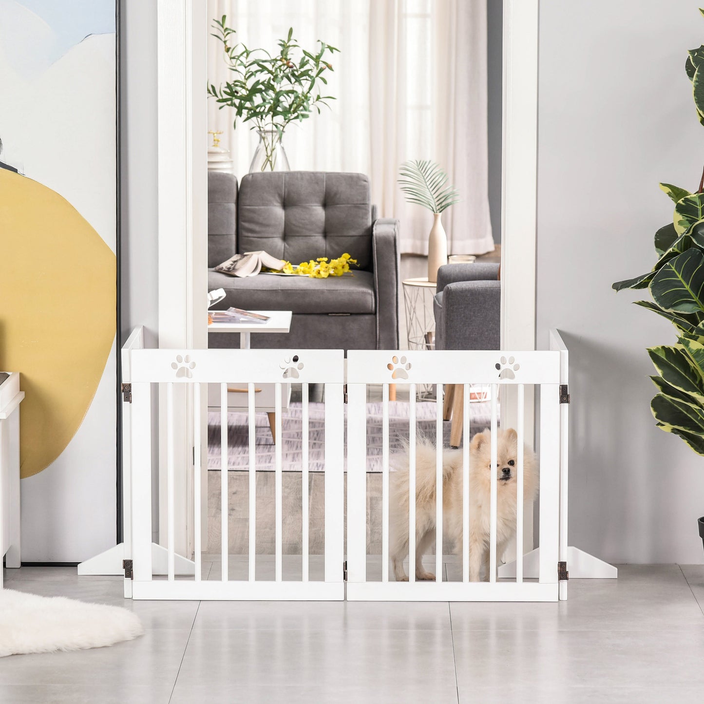 Freestanding Pet Gate 4 Panel Wooden Dog Barrier Folding Safety Fence with Support Feet up to 204cm Long 61cm Tall for Doorwa