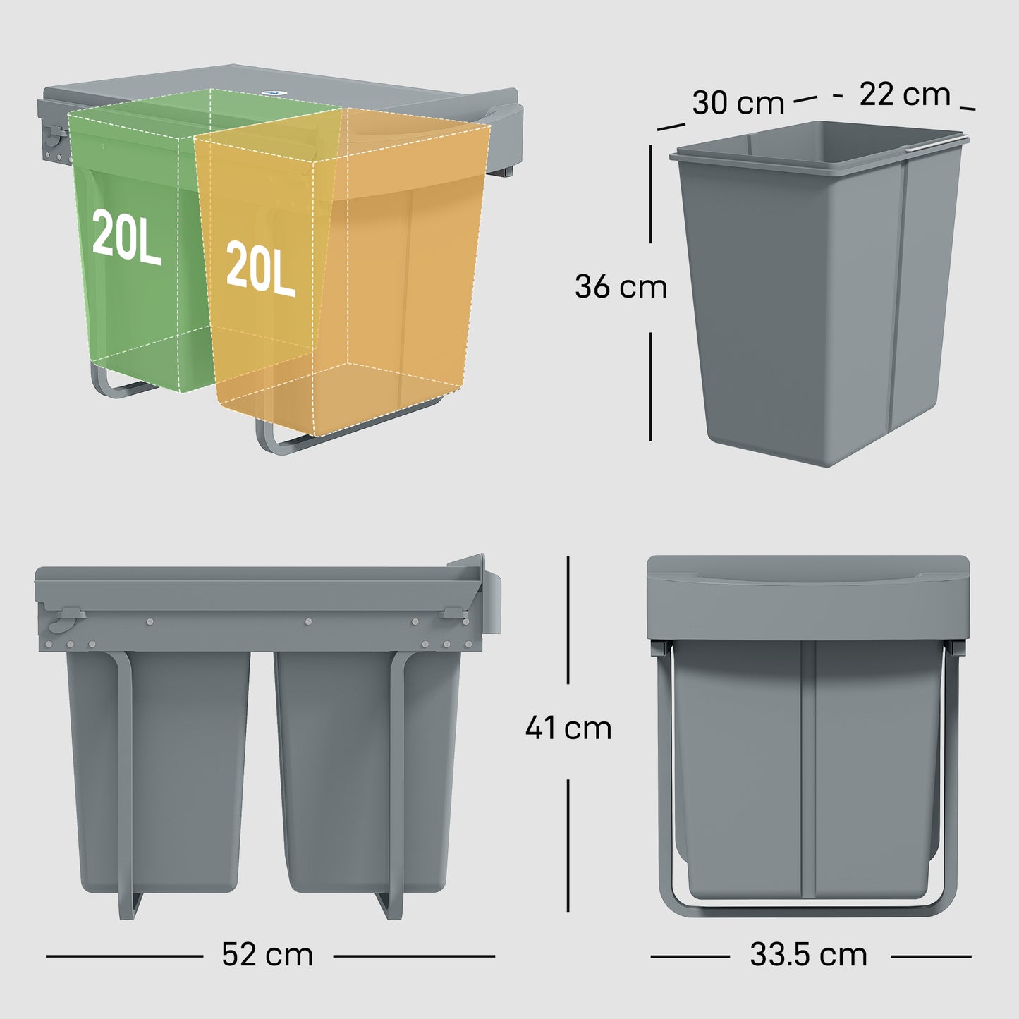 Pull Out Bin, Kitchen Under Sink Bin with 2 Removable Compartments, Smooth Glide, Grey