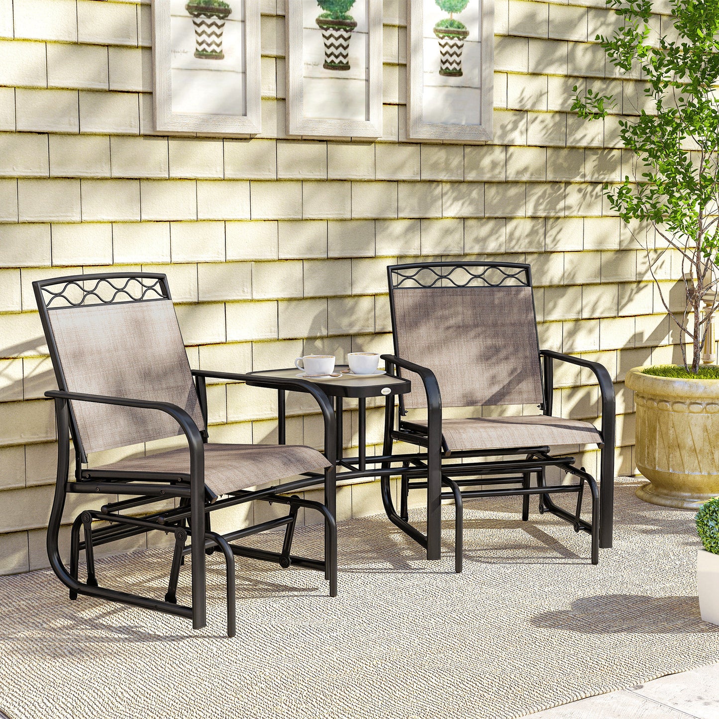 Double Outdoor Glider Chair, 2 Seater Patio Rocking Chairs, Swing Bench with Tempered Glass Table