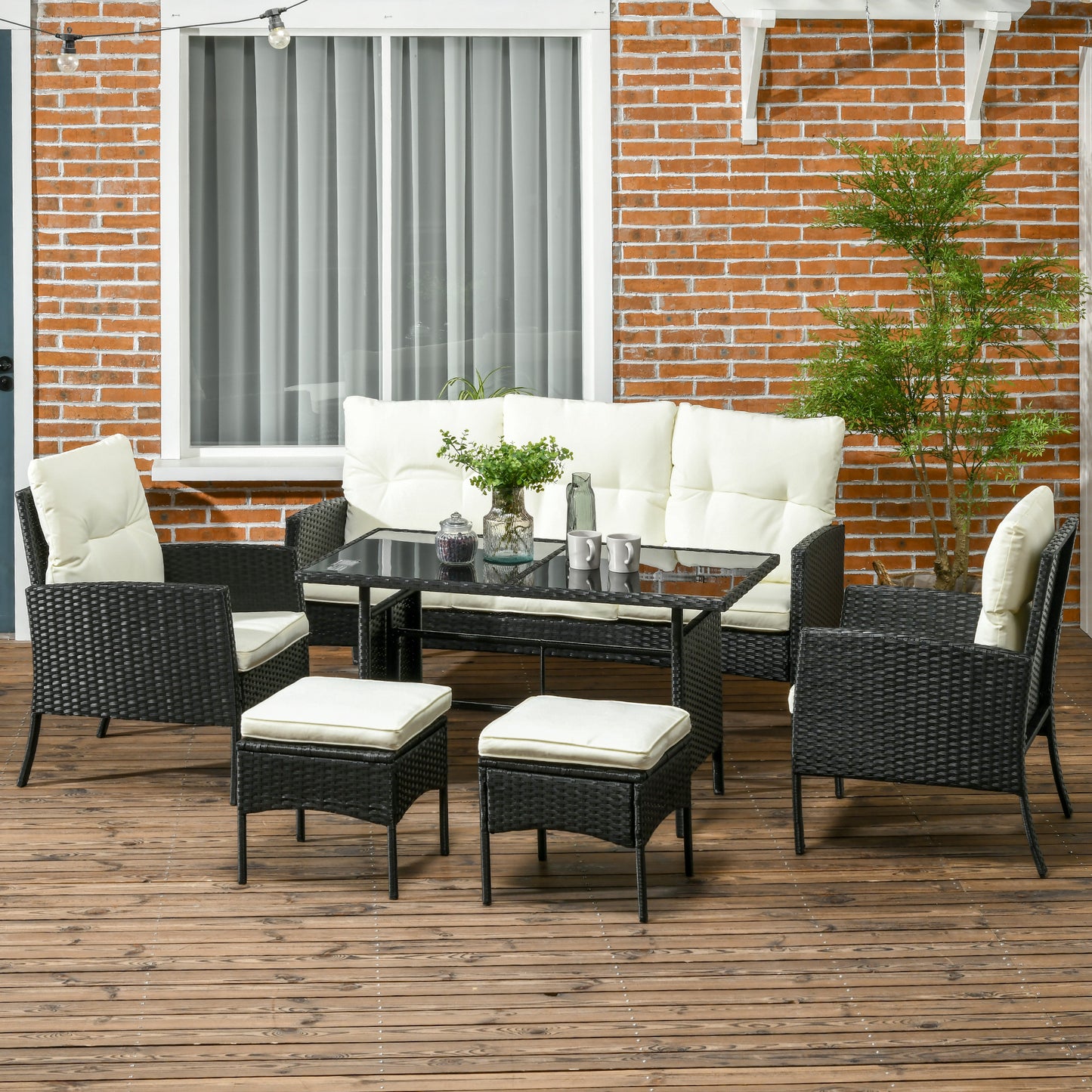 7 Seater Rattan Garden Furniture Set, 6 Piece Garden Dining Set, Armchairs, 3-Seater Sofa, Footstools, Glass Dining Table