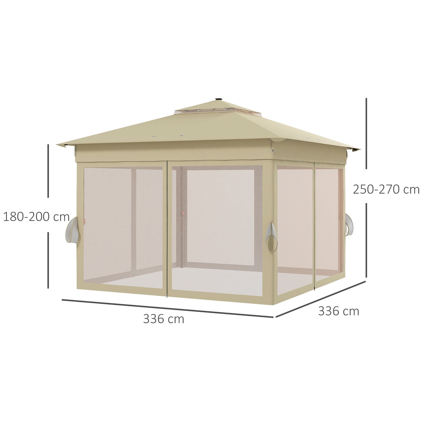 3.36 x 3.36m Pop Up Gazebo Party Tent with Solar-Powered LED Lights, Adjustable Event Shelter with Netting, Khaki