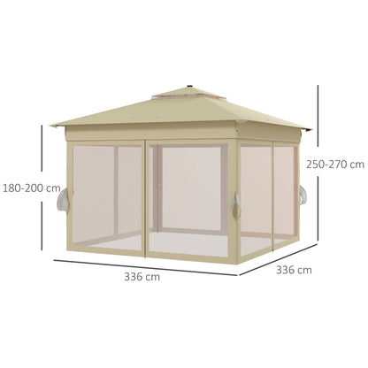 3.36 x 3.36m Pop Up Gazebo Party Tent with Solar-Powered LED Lights, Adjustable Event Shelter with Netting, Khaki