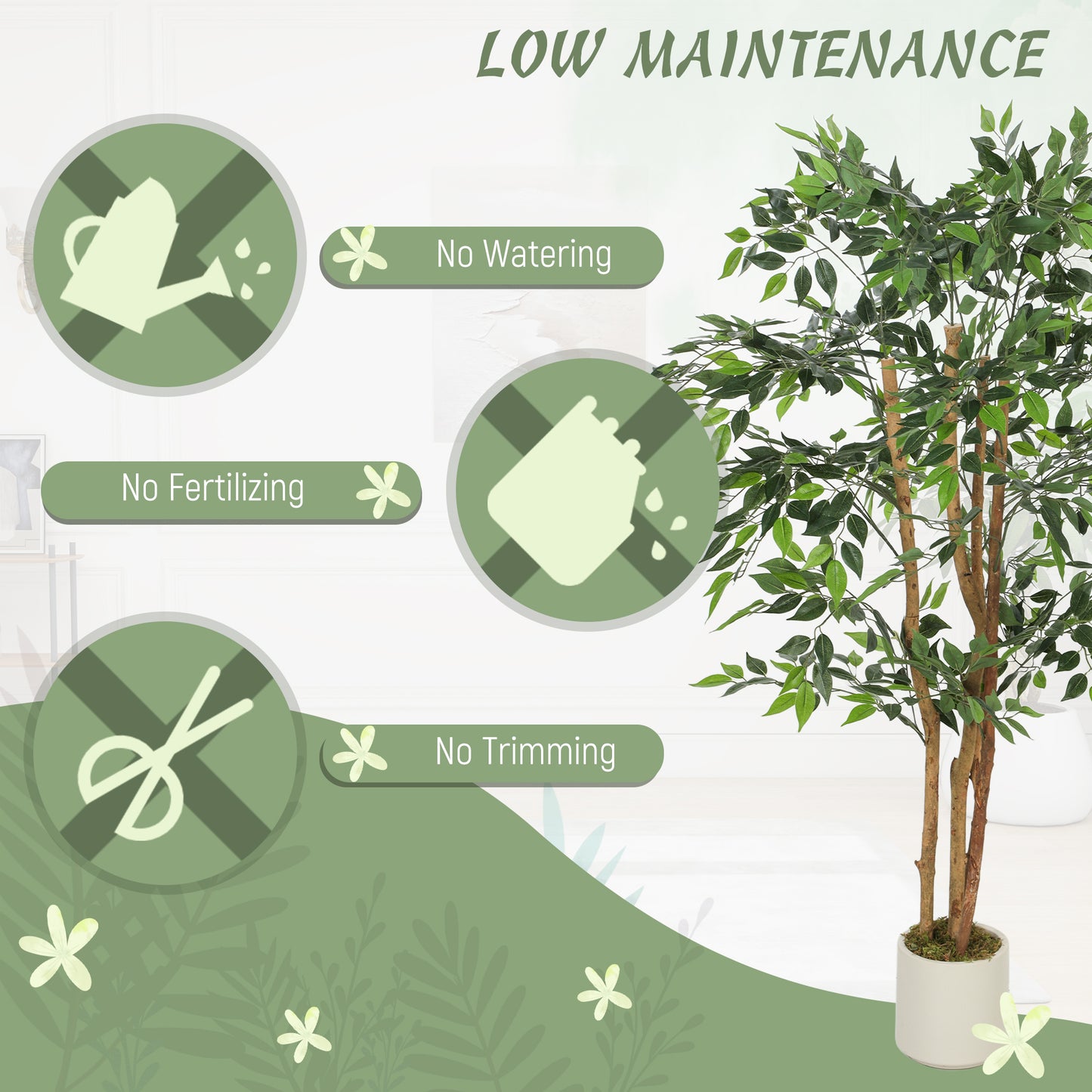 150cm Artificial Ficus Tree, Fake Potted Tree with Solid Wood Trunk and Pot for Indoor, Green