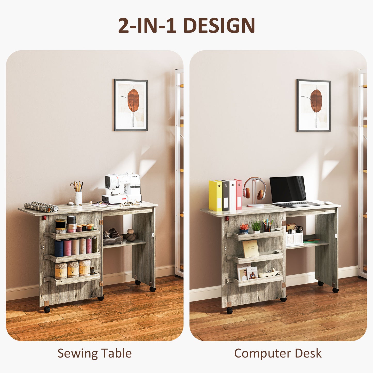 Folding Sewing Table, Drop Leaf Craft Table with Storage Bins, Open Shelf and Wheels