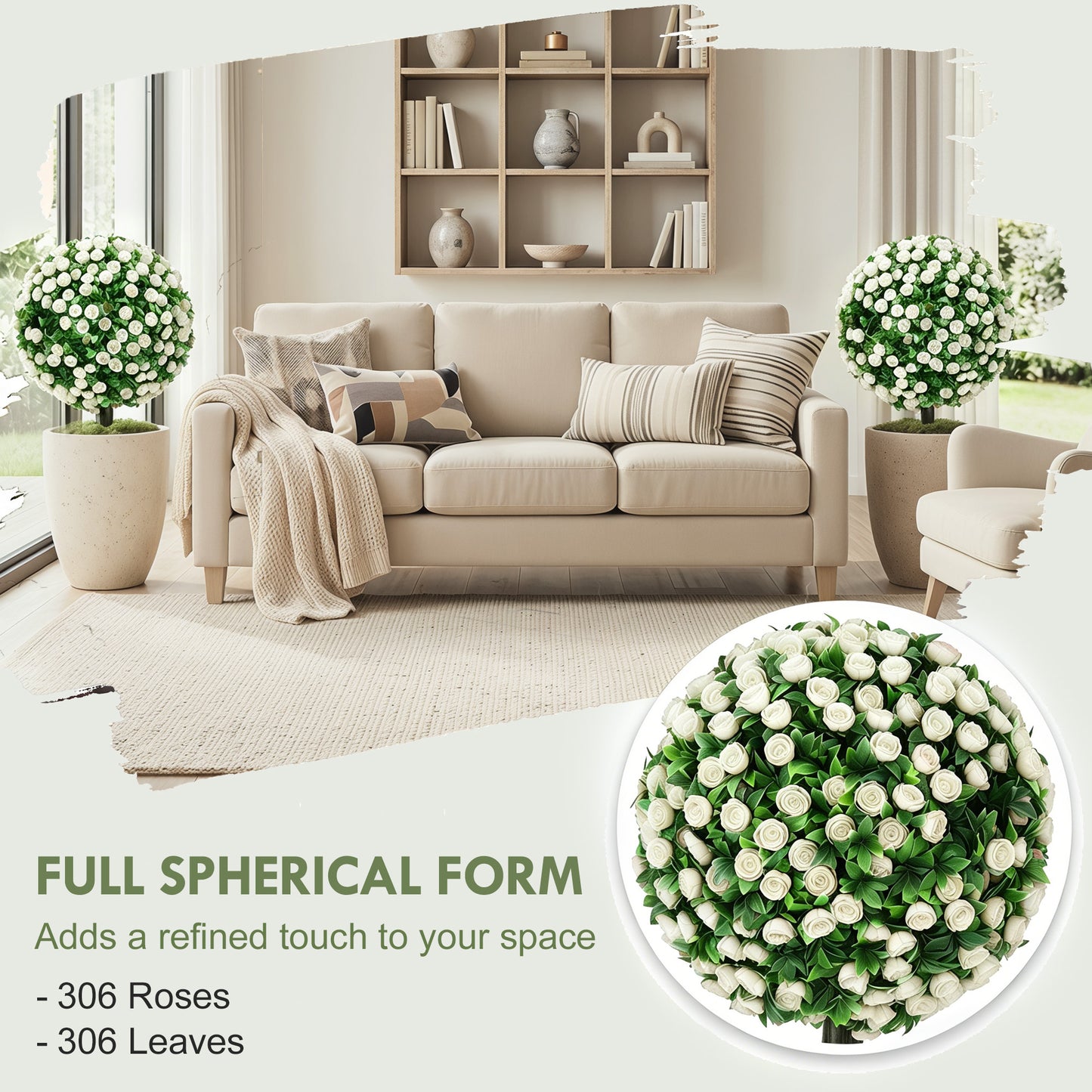 Artificial Rose Topiary UV Resistant, 2-Pack Fake Plants, 55 cm, White