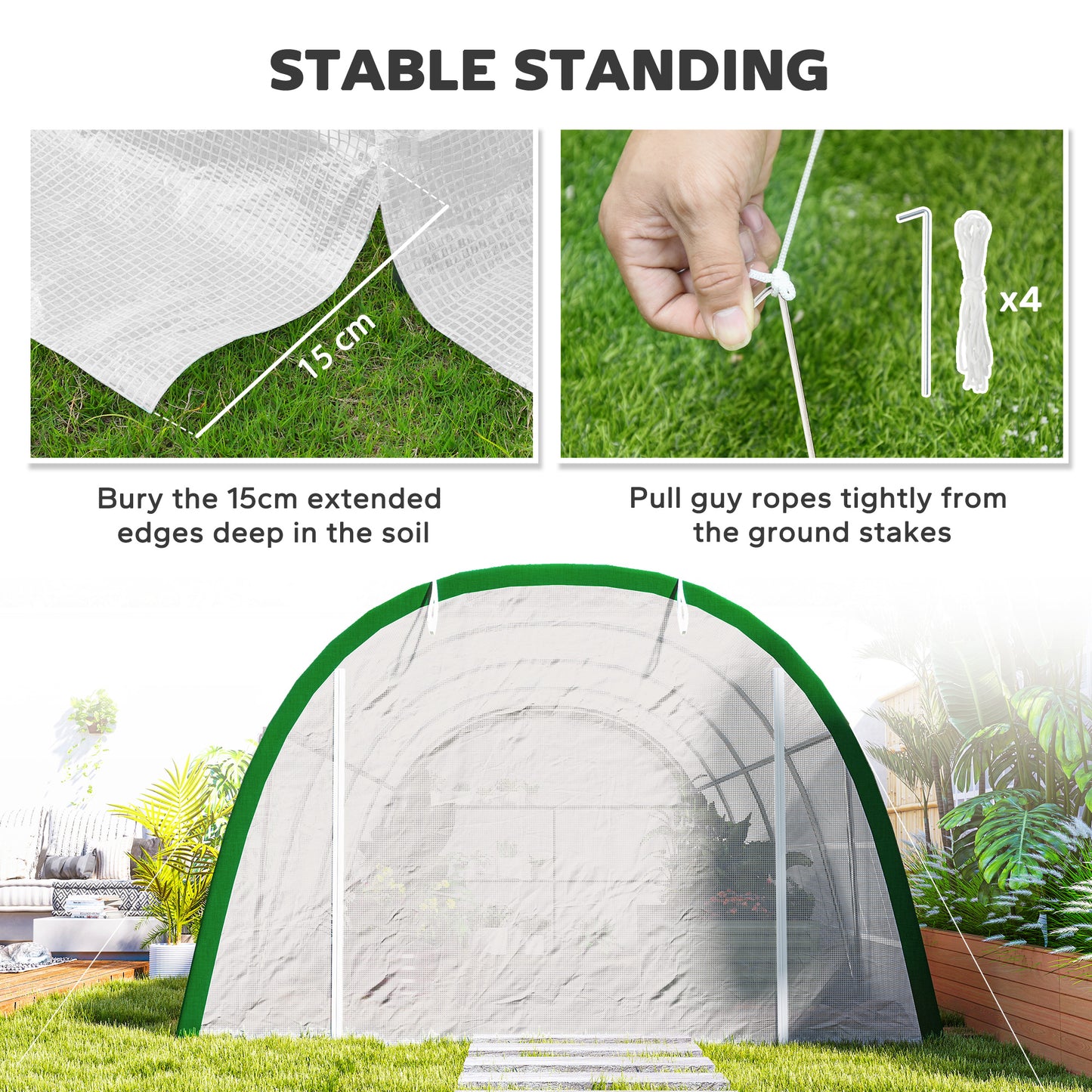 Walk-in Polytunnel Greenhouse Tunnel Warm House Tent with Zipped Doors, 8 Mesh Windows, PE Cover, 6 x 3 m, White