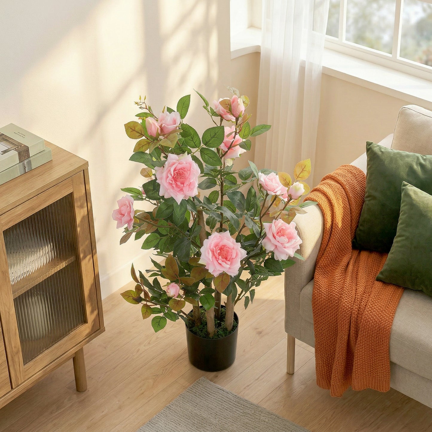 90cm Artificial Rose Tree, Decorative Fake Plant with 344 Silk Leaves 17 Flowers for Outdoor Indoor Decor, Pink