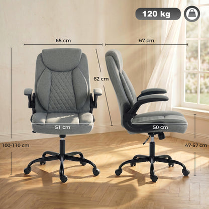 Linen-Look Computer Desk Chair, Executive Office Chair with Flip-Up Armrests and Thick Cushion, Grey