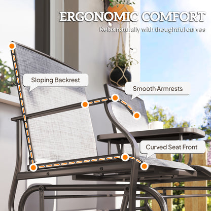 2 Seats Garden Glider Bench, Metal Frame Loveseat with Glass Top Centre Table, Porch Rocking Glider for 2 Person, for Deck