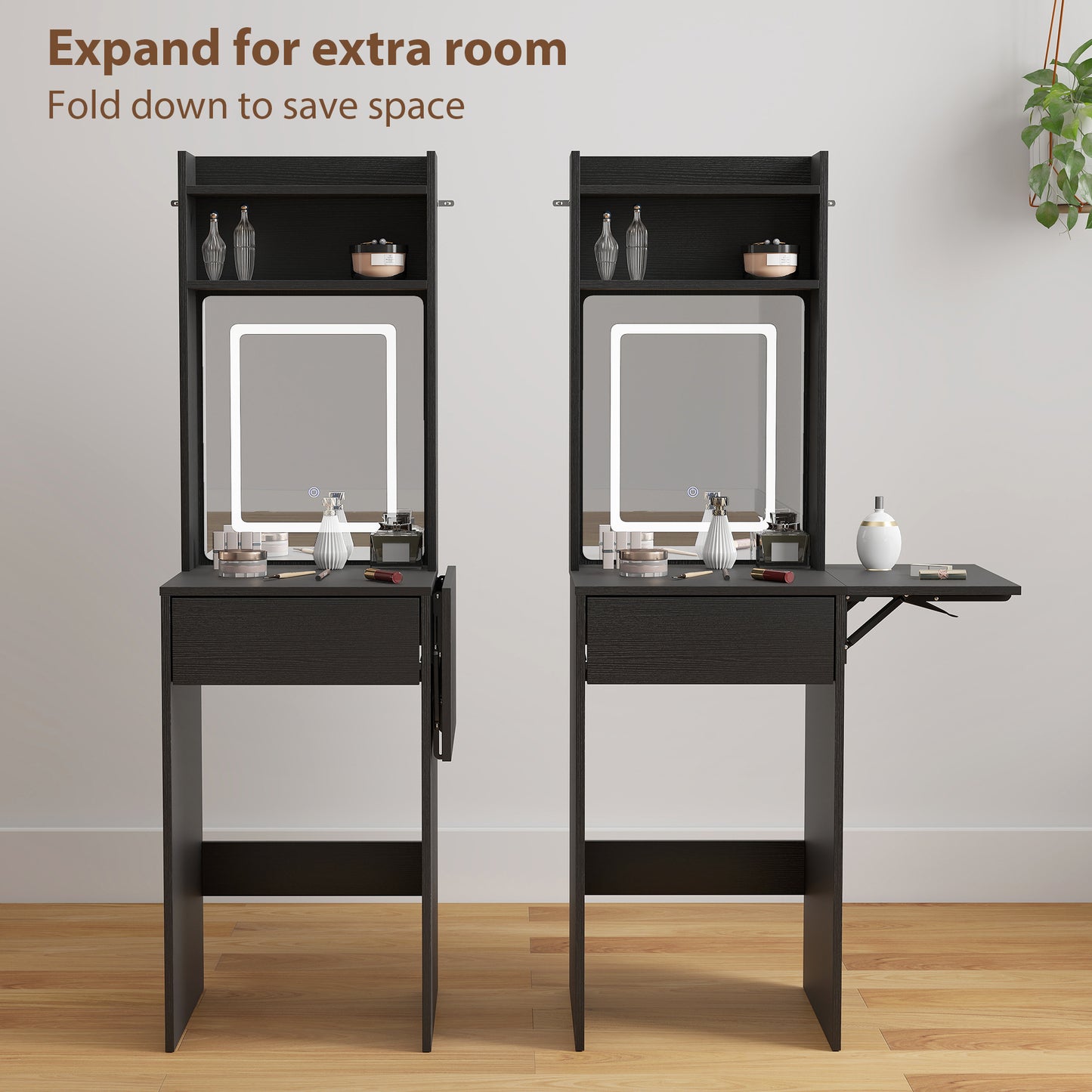 Small Vanity Desk with Mirror and LED Lights, Compact Dressing Table with Drop Leaf, Open Shelves and Drawer, Black