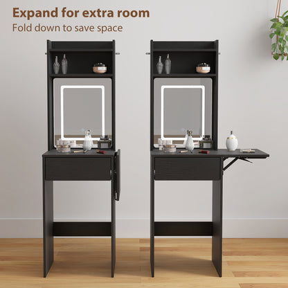 Small Vanity Desk with Mirror and LED Lights, Compact Dressing Table with Drop Leaf, Open Shelves and Drawer, Black