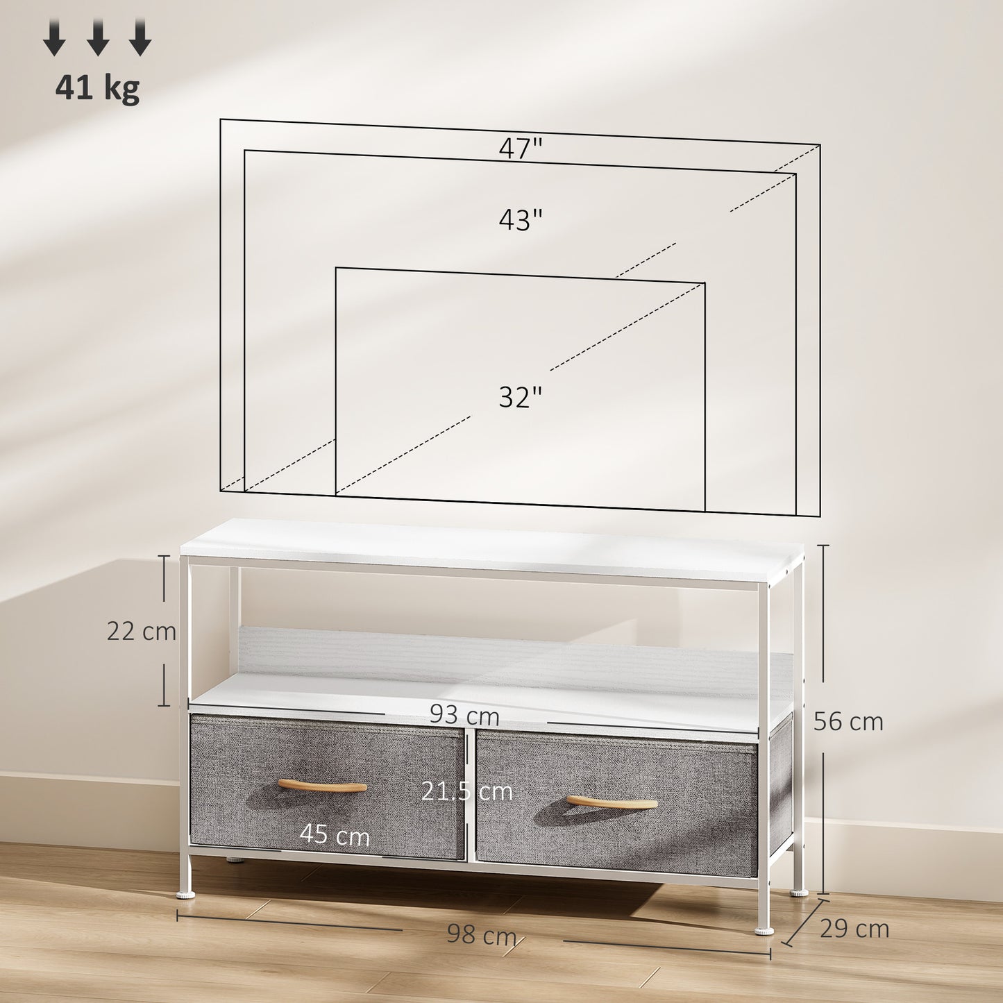 TV Stand Cabinet with 2 Foldable Drawers - White