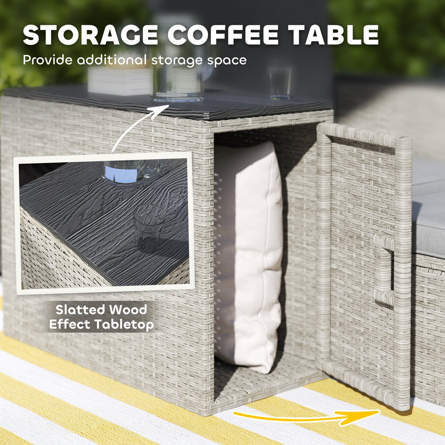 5 Piece Rattan Garden Furniture Set with Storage Table, Footstools, Cushions, Grey