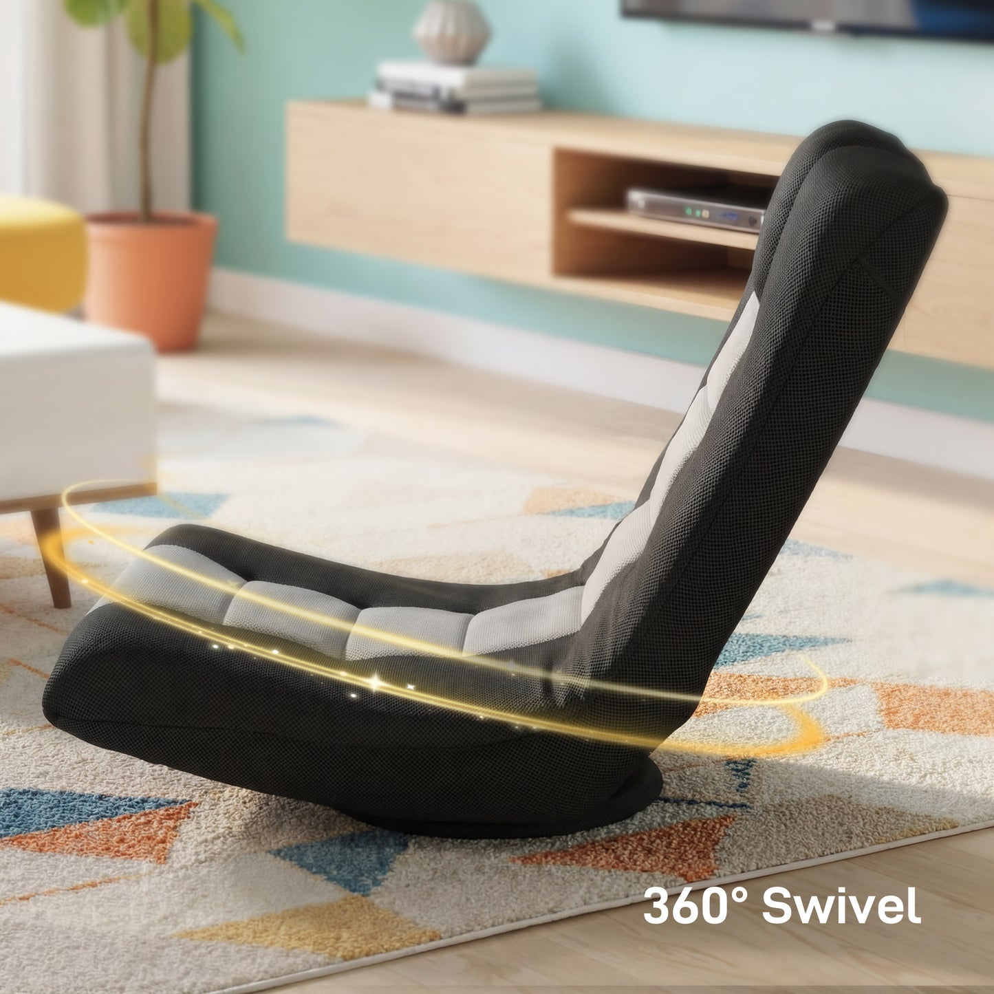 Floor Chair, Folding Floor Sofa with Adjustable Backrest, Wide Seat, Swivel Base, Black