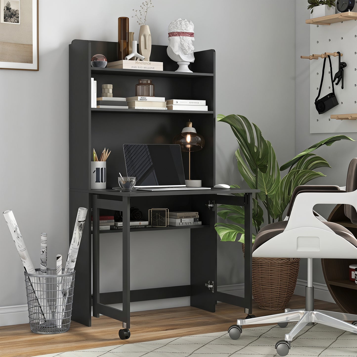 Foldable Desktop, Computer Desk with Storage Shelves, 80 x 69 x 155 cm, Black
