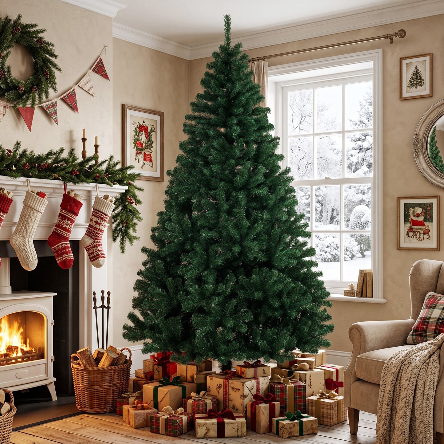7ft Artificial Christmas Tree, Fir Hinged Xmas Tree with 1100 Branch Tips, Foldable Steel Stand, Green