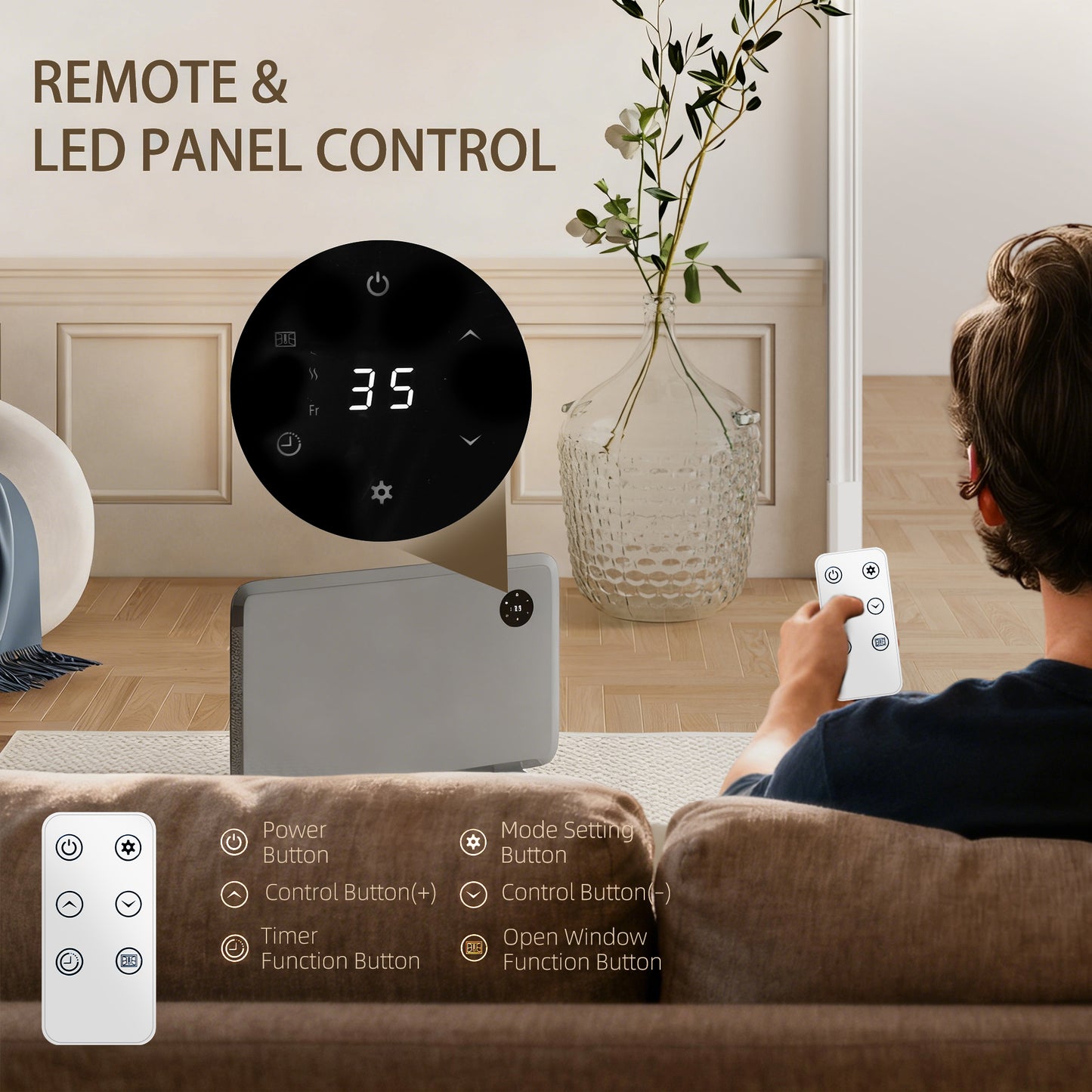 1200W Electric Convector Heater, Freestanding or Wall Mounted, Space Heater with Adjustable Thermostat, Timer, Grey