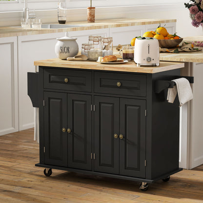 Rolling Kitchen Island Storage Trolley with Rubber Wood Top & Drawers for Dining Room, Black