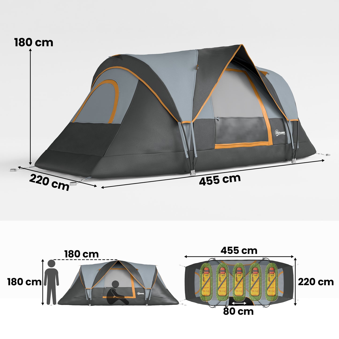 5 Man Camping Tent, Large Tunnel Tent, Water Resistant Hiking Shelter with Groundsheet and Carry Bag, Black