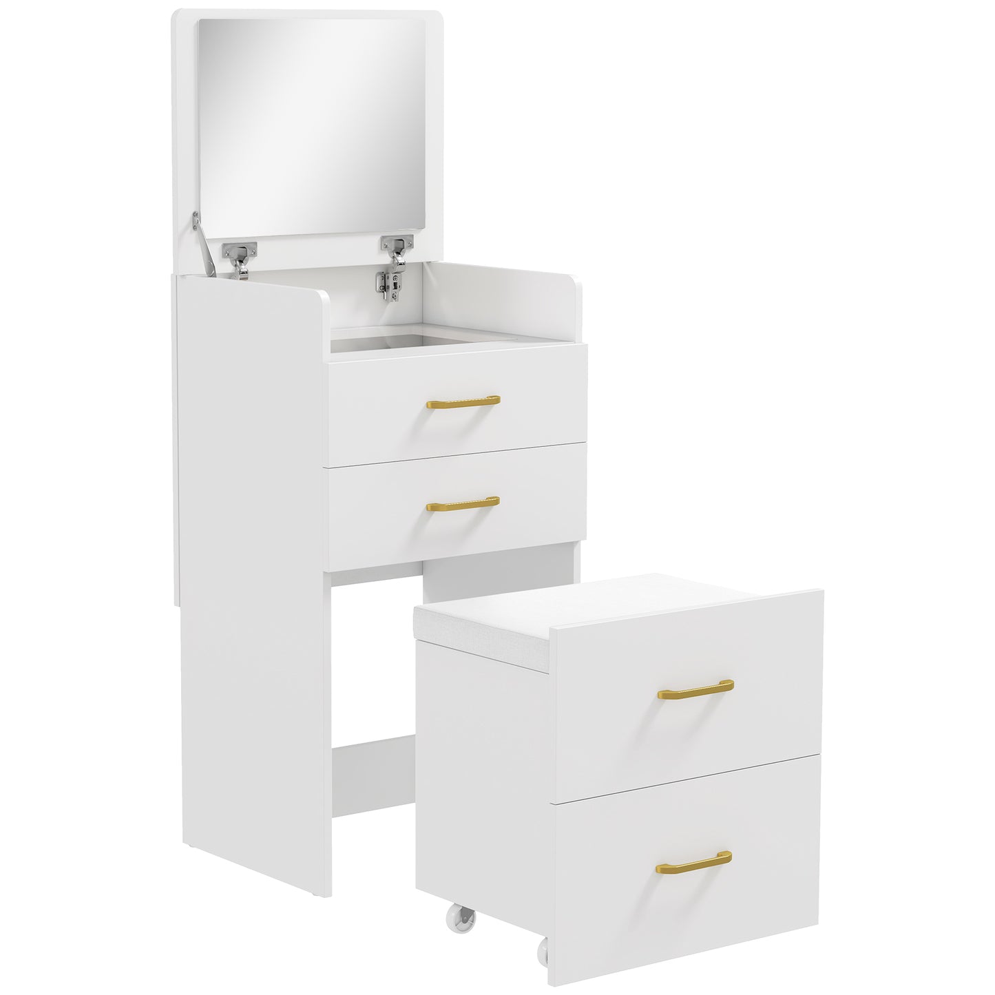 Compact Dressing Table and Stool Set, with Storage - White
