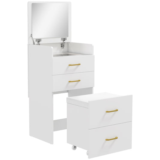 Compact Dressing Table and Stool Set, with Storage - White