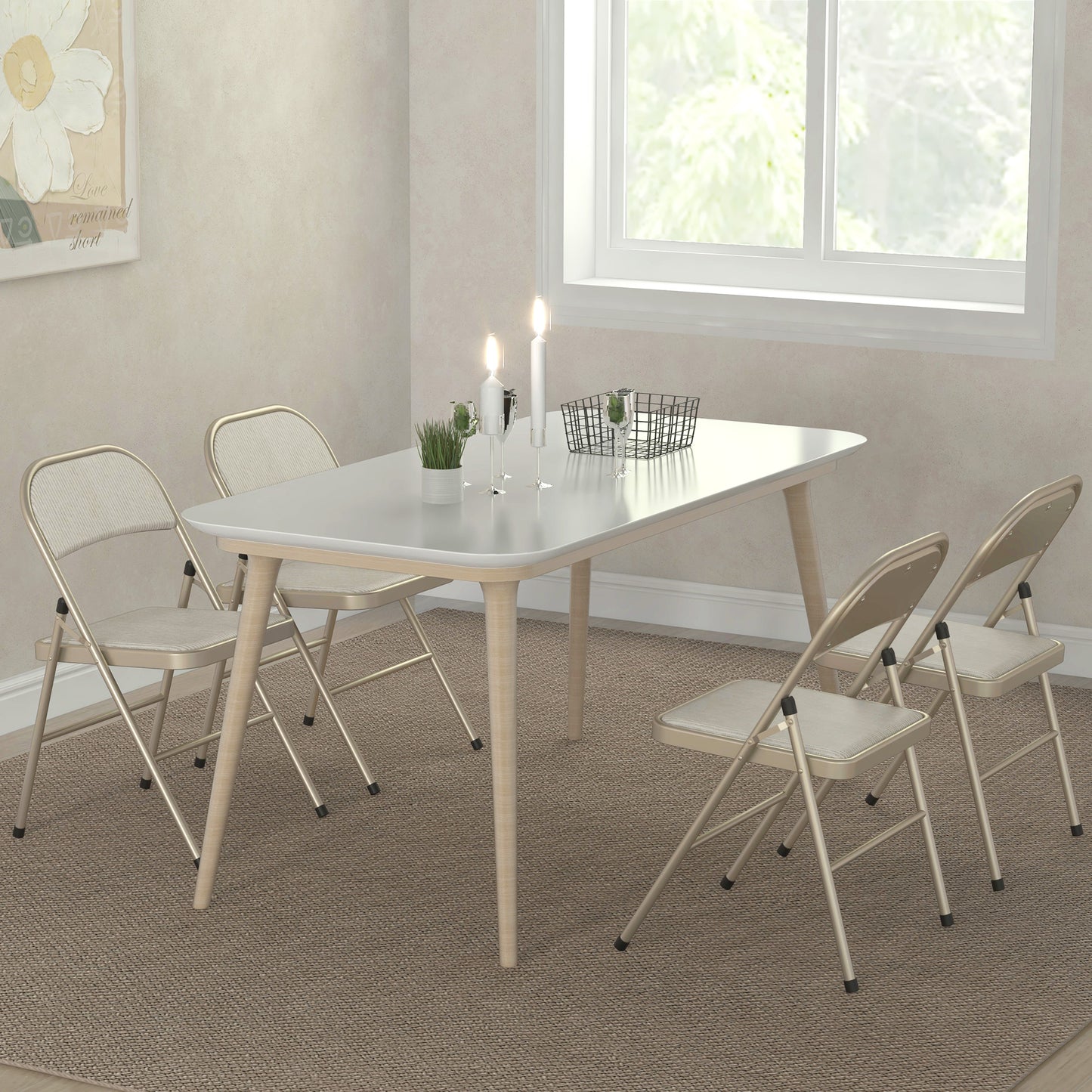 Linen-Look Set of Four Cushioned Folding Chairs - Beige