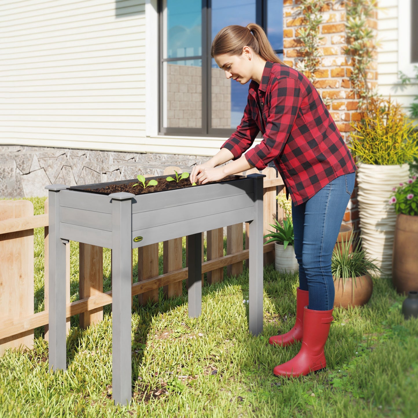 Raised Bed for Garden, Wooden Elevated Planter Box with Bed Liner, for Flower Vegetable Herb, Dark Grey