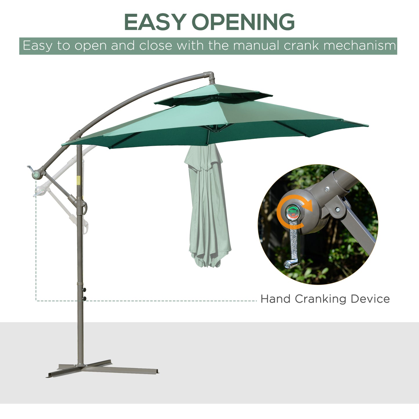 2.7m Banana Parasol Cantilever Umbrella with Crank Handle, Double Tier Canopy and Cross Base for Outdoor, Hanging Sun Shade
