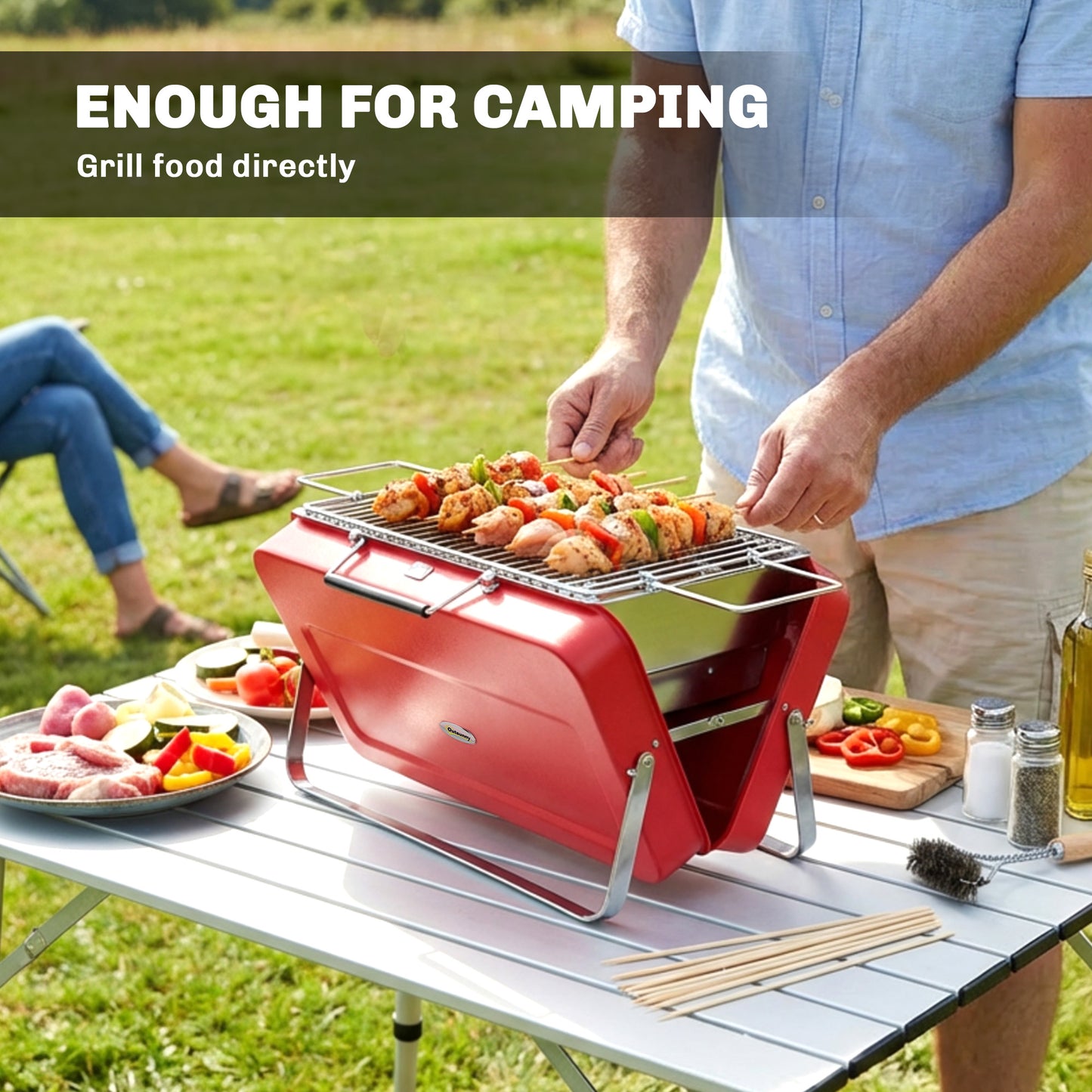 Portable Mini Charcoal Barbecue Grill with Suitcase Shell, Outdoor Folding Tabletop BBQ Grill, Red