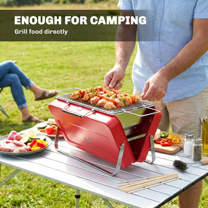 Portable Mini Charcoal Barbecue Grill with Suitcase Shell, Outdoor Folding Tabletop BBQ Grill, Red