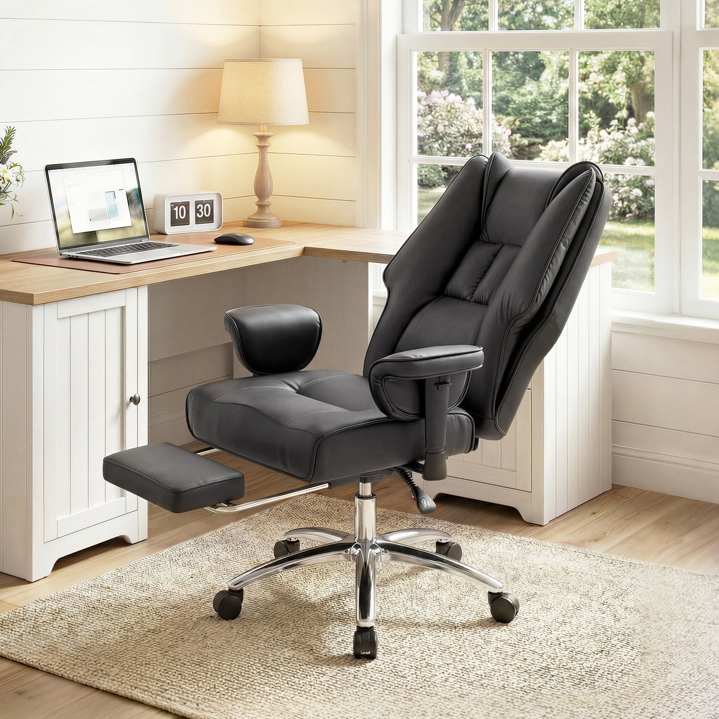 Executive Office Chair, Reclining Desk Chair with Footrest, Adjustable Armrests, Pet Friendly Faux Leather, Black