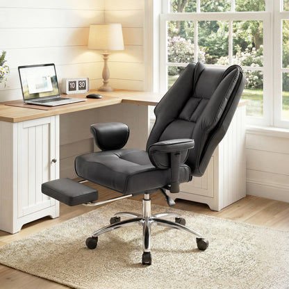 Executive Office Chair, Reclining Desk Chair with Footrest, Adjustable Armrests, Pet Friendly Faux Leather, Black