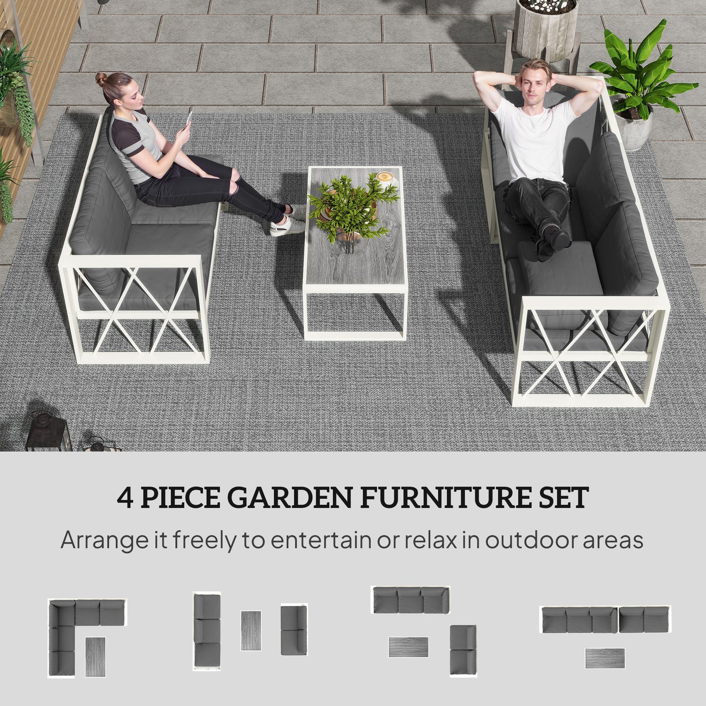 Four-Piece L Shaped Garden Furniture Set with 5-Level Adjustable Lounger - Grey