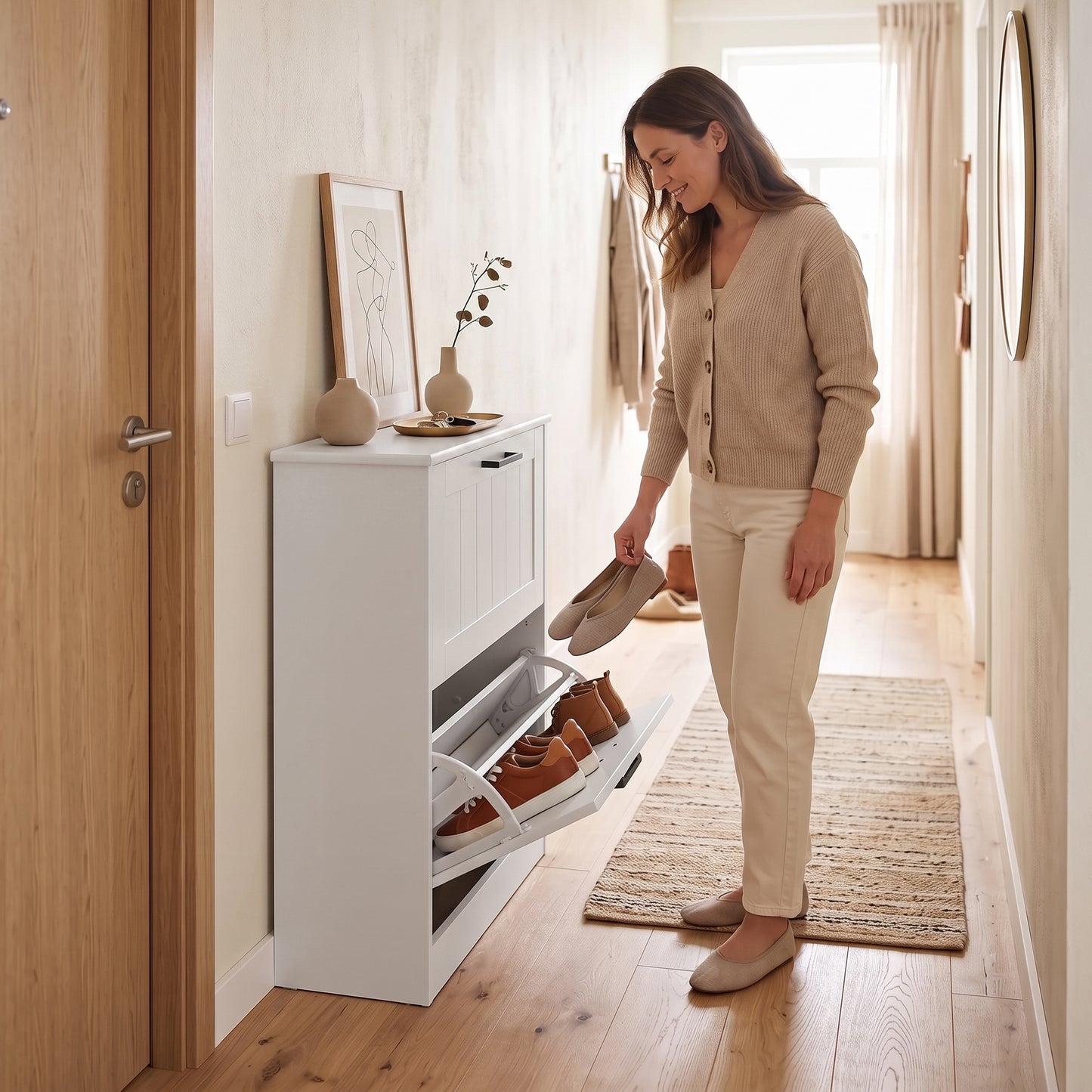 Two-Drawer Minimalistic 10-Shoe Cabinet - White