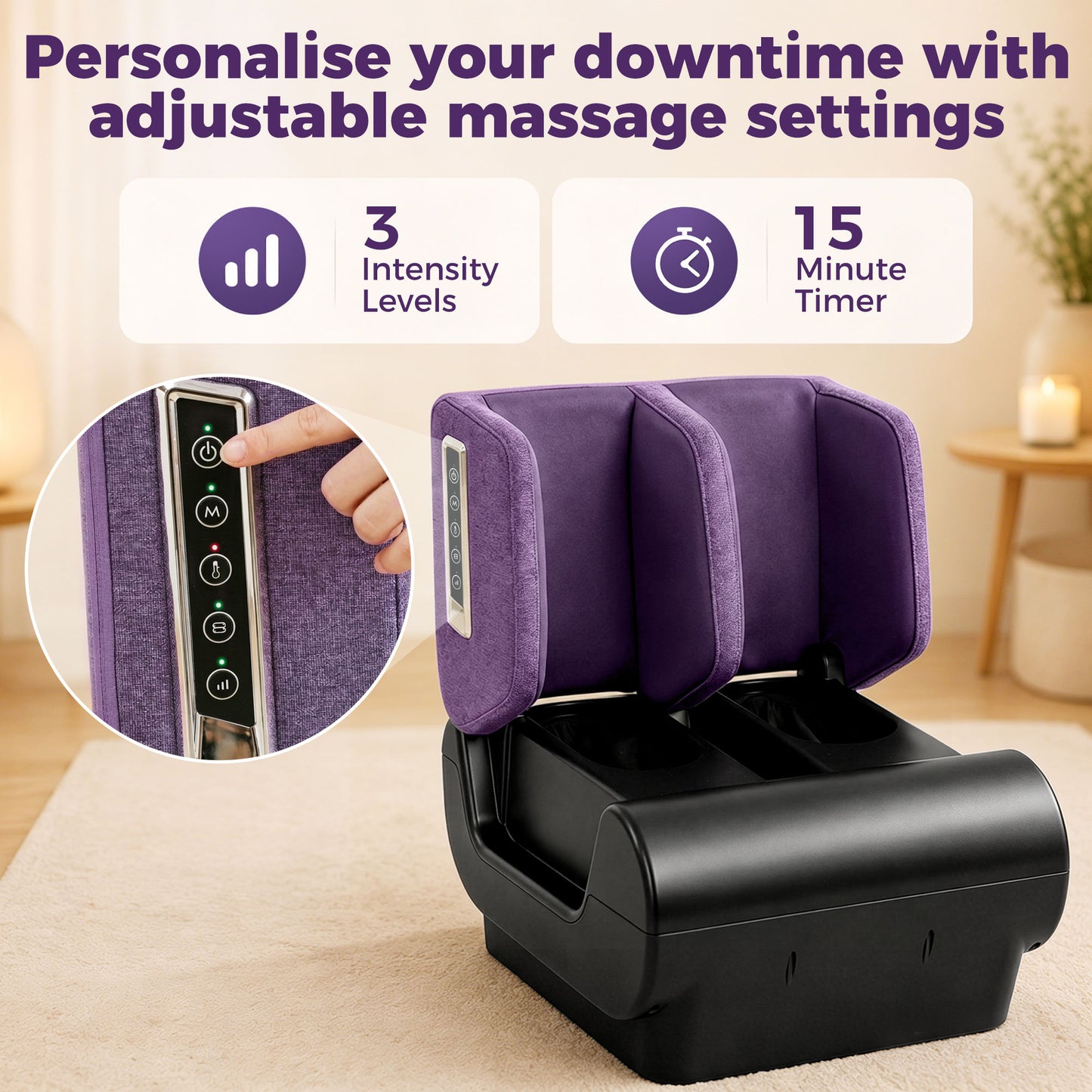 2 in 1 Foot and Calf Massager with Heat, Air Compression, Timer, 3 Modes & Intensities, Purple and Black