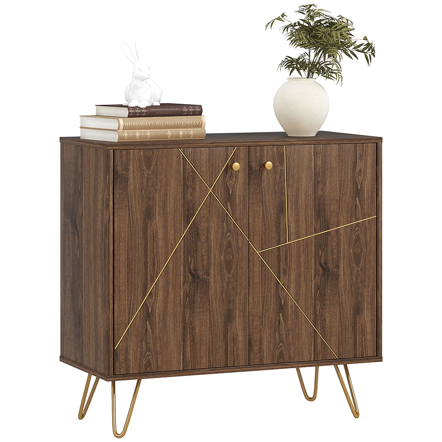 Sideboard Storage Cabinet with Golden Lines, Modern Luxury Living Room Cabinet with Adjustable Shelf, Steel Harpin Legs