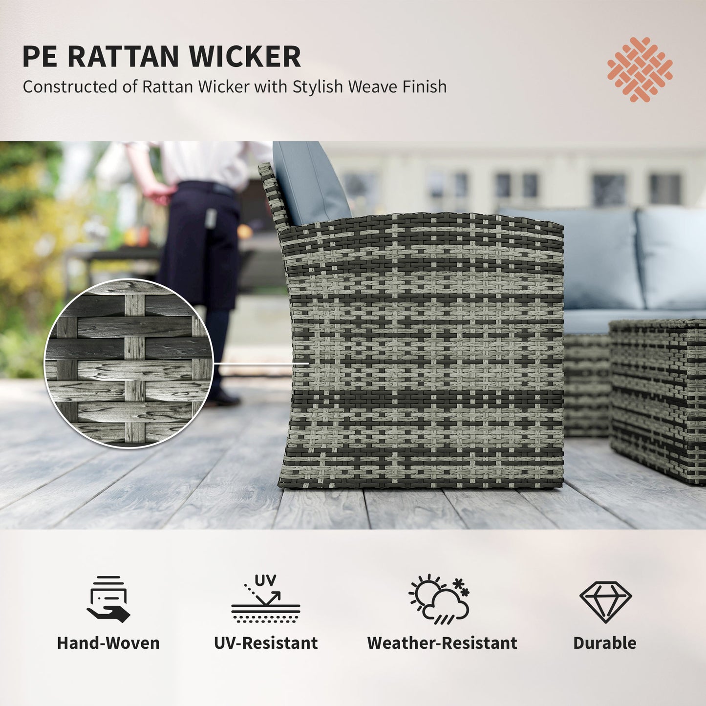 6 Pieces Rattan Garden Furniture Set, 7 Seater Wicker Outdoor Furniture Set with Storage Tea Table & Side Table