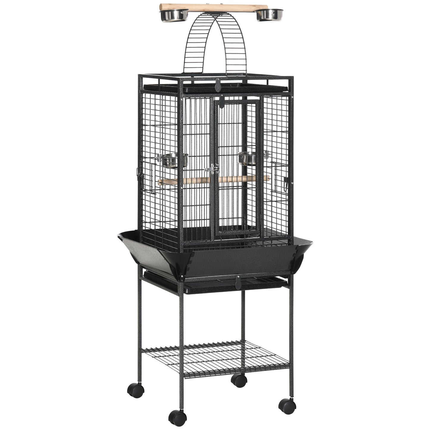 156cm Bird Cage,Large Parrot Cage with Open Play Top, Perch, Seed Guard, Wheels, Storage Shelf, Dark Grey