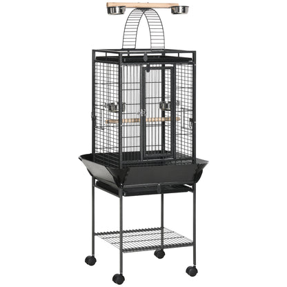 156cm Bird Cage,Large Parrot Cage with Open Play Top, Perch, Seed Guard, Wheels, Storage Shelf, Dark Grey