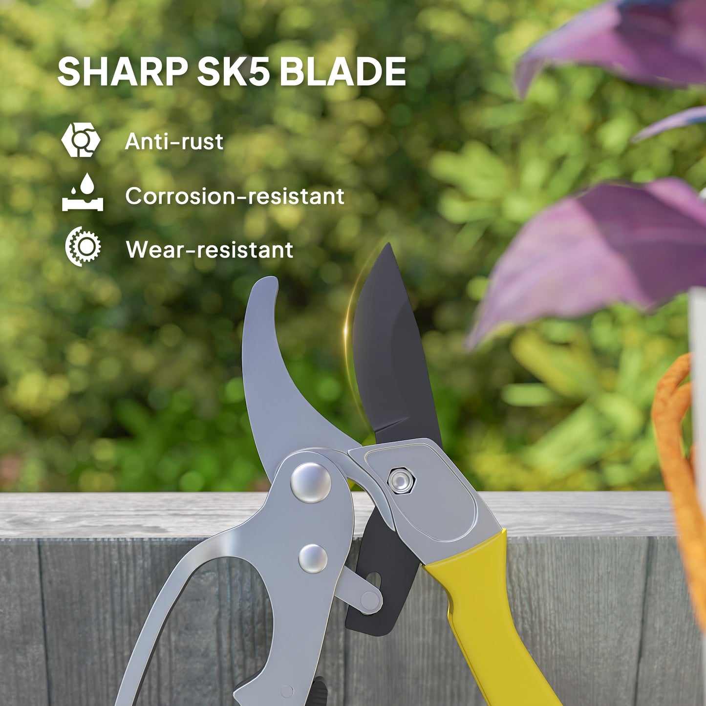 Garden Secateurs, Pruning Shears Heavy Duty with Sharp SK5 Blade, Bypass Pruners with Safety Lock, 8", Yellow