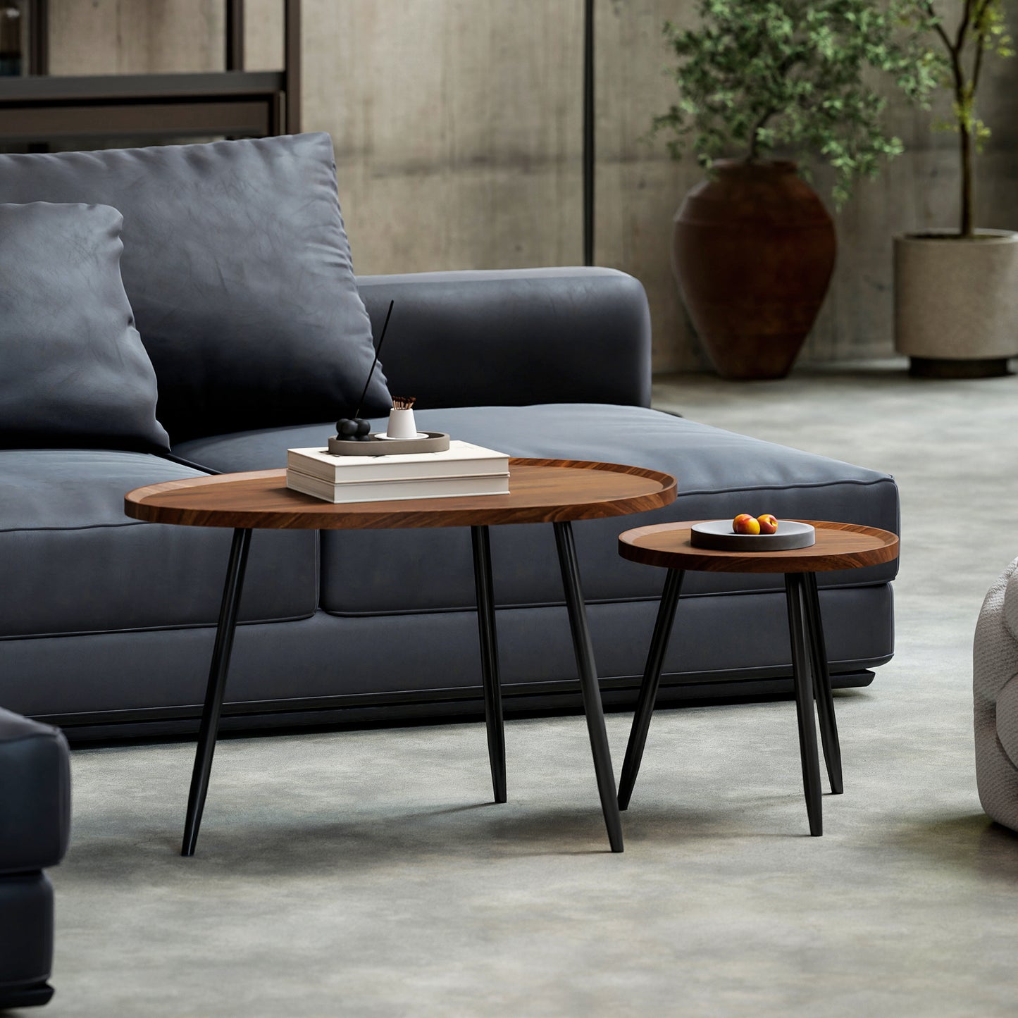 Nesting Coffee Table Set of 2, 80cm Modern Stacking End Side Table with Metal Legs for Living Room Bedroom Office