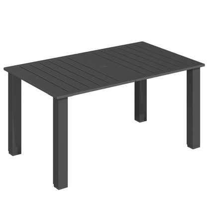 Garden Dining Table for 6 with Parasol Hole, Rectangle Outdoor Garden Table with Slatted Metal Top, Steel Frame, Black
