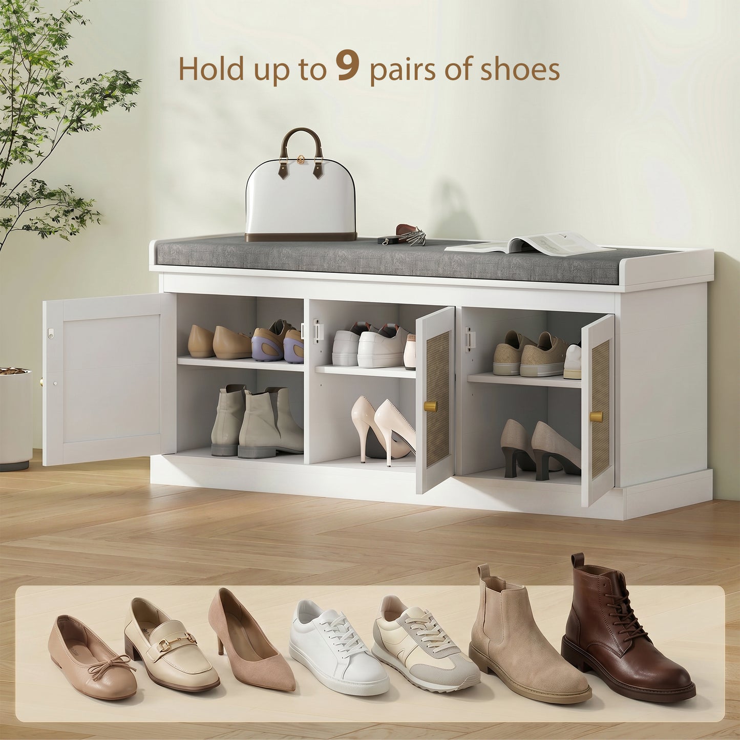Shoe Storage Bench with Woven Rattan Doors, Seat - White